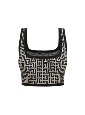 BALMAIN  Top court brassière en jacquard bicolore à monogramme - Noir