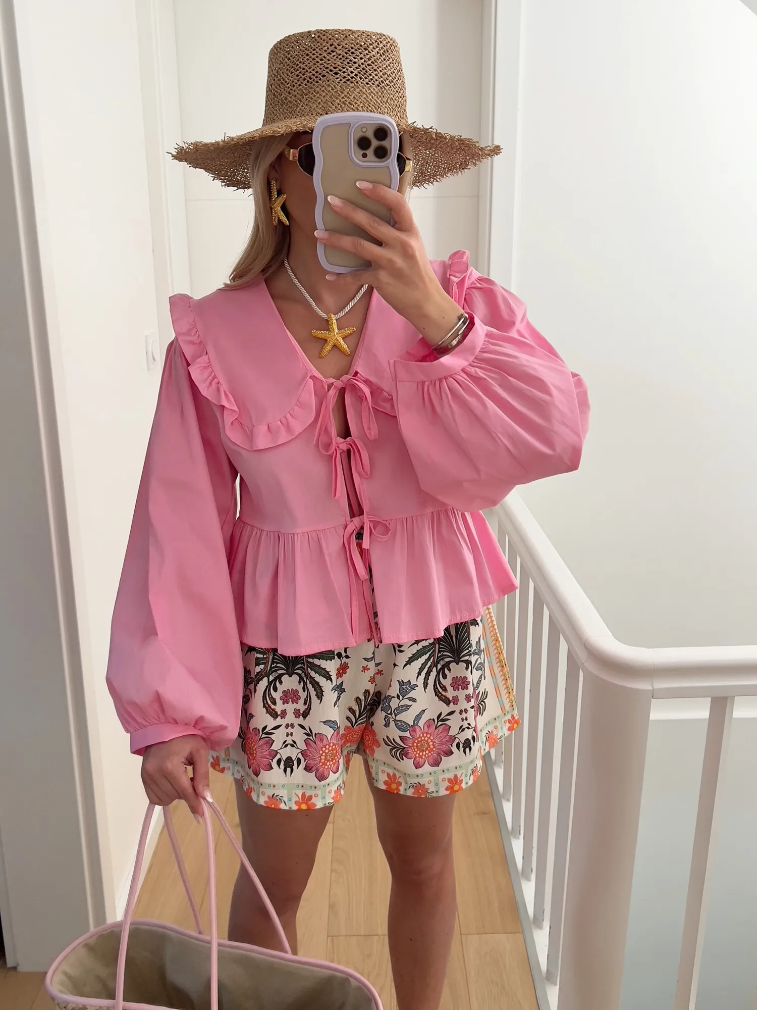 Blouse SARAH Noeuds sur l'avant et col claudine, rose
