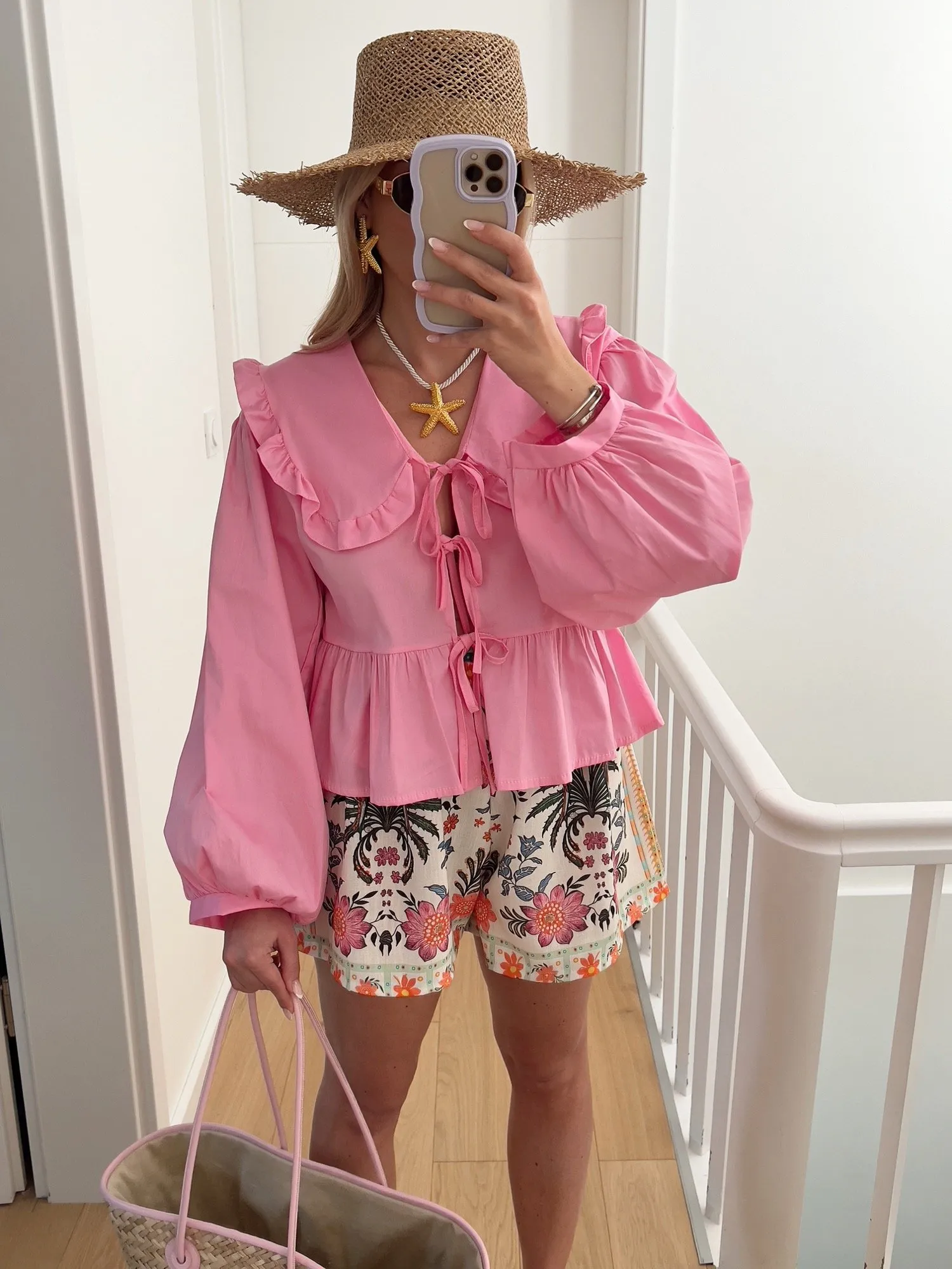 Blouse SARAH Noeuds sur l'avant et col claudine, rose