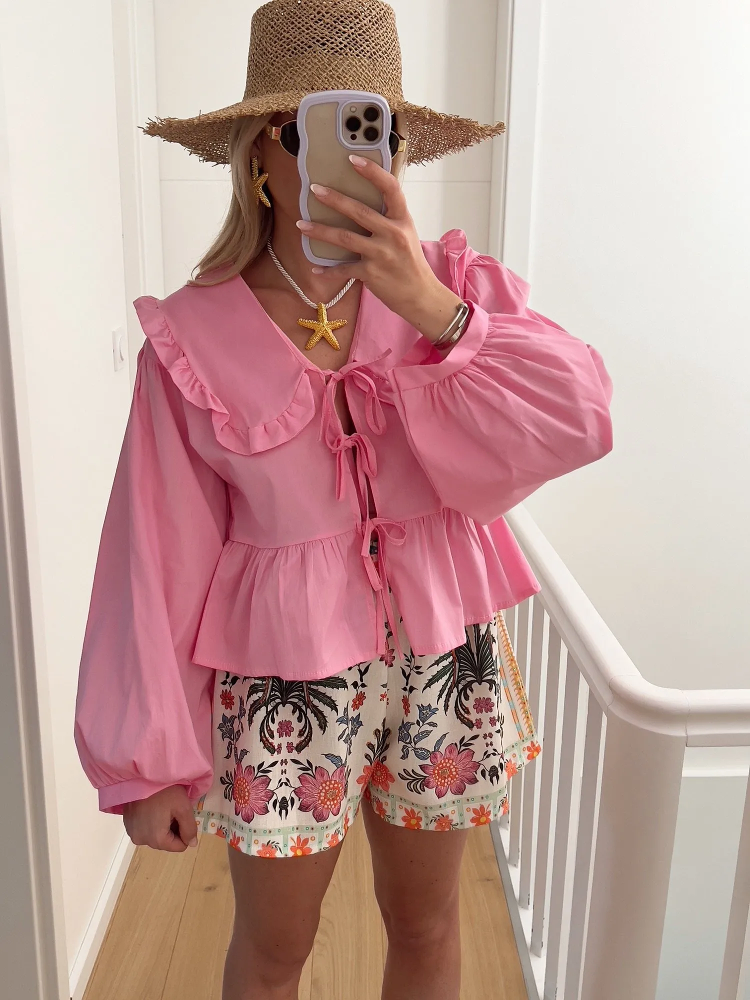 Blouse SARAH Noeuds sur l'avant et col claudine, rose