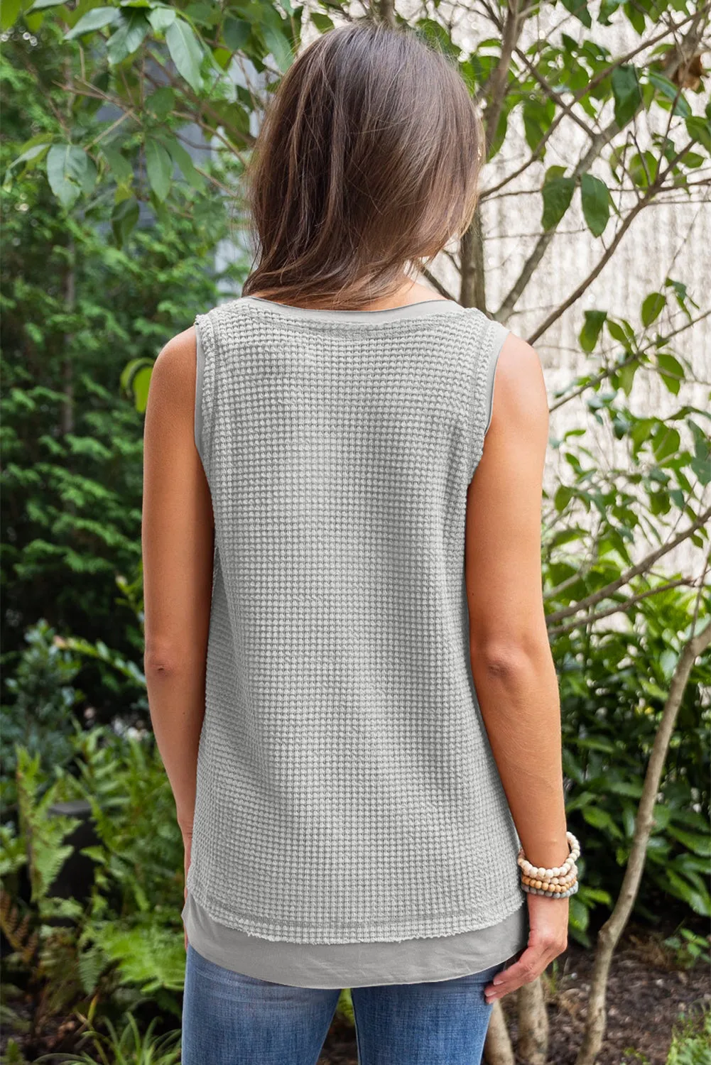 Gilet fluide en tricot gaufré à col rond gris philippin