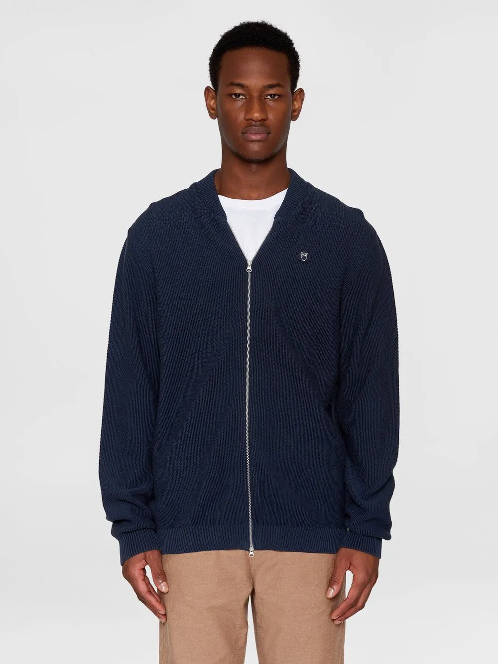 Gilet zippé en coton bio | marine "pique badge knit o-neck total eclipse" 1001 total eclipse homme