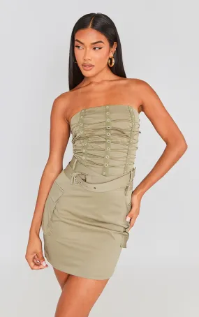 Robe moulante bustier portefeuille vert sauge kaki à ceinture